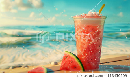 Tropical Watermelon Smoothie on Sunny Beach 118450309