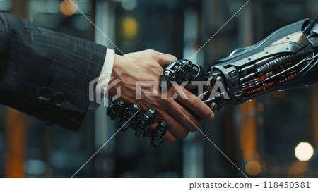 Human-robot handshake on technological background Human-robot handshake on technological background 118450381