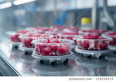 Pre-Packaged Watermelon Chunks on Production Line Pre-Packaged Watermelon Chunks on Production Line 118450414