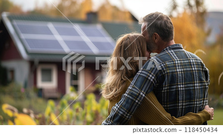 Couple Embracing in Front of Eco-Friendly Home Couple Embracing in Front of Eco-Friendly Home 118450434
