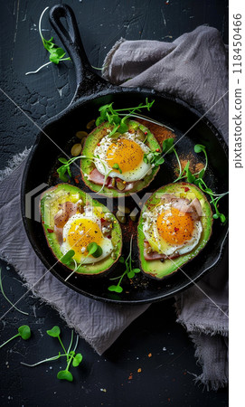 Baked Avocado Eggs in Cast Iron Skillet 118450466