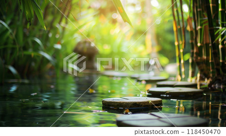 Tranquil Garden Pond with Stepping Stones Tranquil Garden Pond with Stepping Stones 118450470