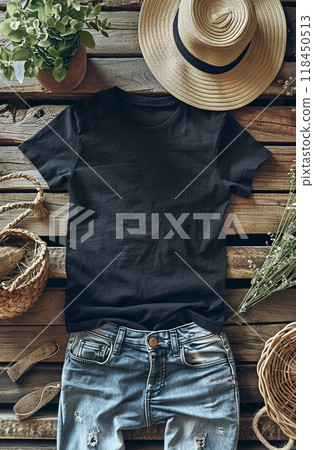 Casual Outfit Flat Lay with Jeans and T-Shirt 118450513