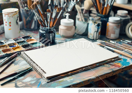 Artist's Workspace with Paint Supplies 118450560