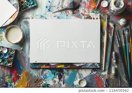 Artist's Colorful Palette and Tools Setup 118450562