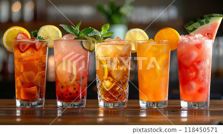 Colorful Assortment of Refreshing Summer Cocktails 118450571