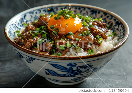 Japanese Gyudon Beef Bowl with Egg Yolk Japanese Gyudon Beef Bowl with Egg Yolk 118450604
