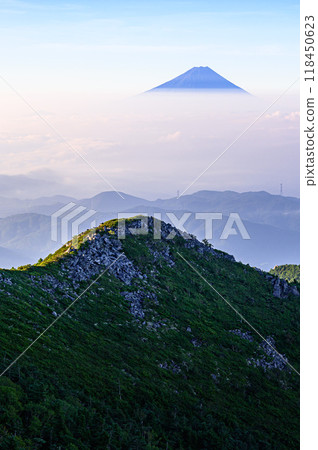 夏日晴朗的天空、富士山的壯麗景色以及金浦山的雲海 118450623