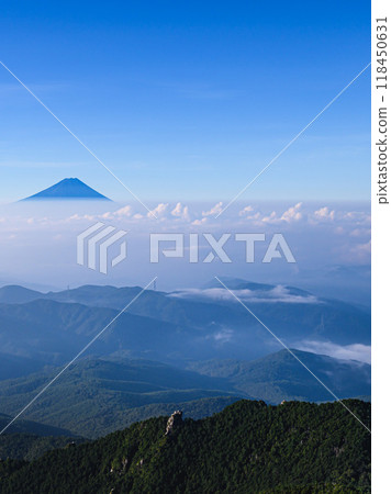 夏日晴朗的天空、富士山的壯麗景色以及金浦山的雲海 夏日晴朗的天空、富士山的壯麗景色以及金浦山的雲海 118450631