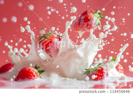 Strawberries Splashing into Milk Strawberries Splashing into Milk 118450646