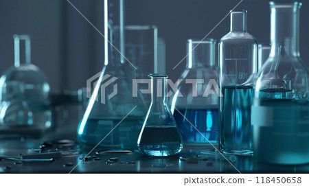 Laboratory Glassware with Blue Chemicals 118450658
