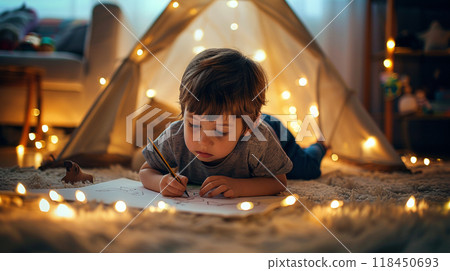 Child Drawing Inside a Cozy Tent with Fairy Lights Child Drawing Inside a Cozy Tent with Fairy Lights 118450693