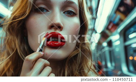 Woman Applying Red Lipstick on Public Transport 118450711