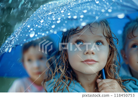 Children Under Rain with Blue Umbrella 118450753