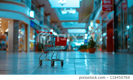 Lonely Shopping Cart in an Empty Mall Corridor Lonely Shopping Cart in an Empty Mall Corridor 118450769
