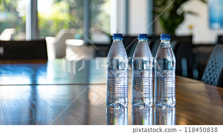 Three Water Bottles on a Conference Table Three Water Bottles on a Conference Table 118450838