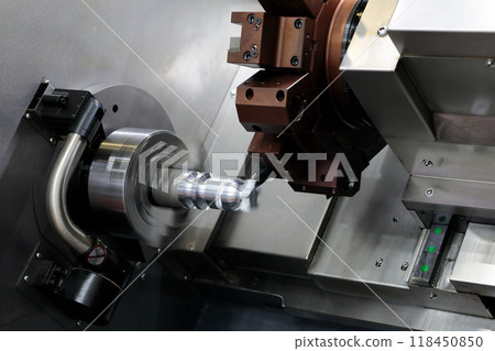 Manufacturing process on CNC lathe machine closeup Manufacturing process on CNC lathe machine closeup 118450850