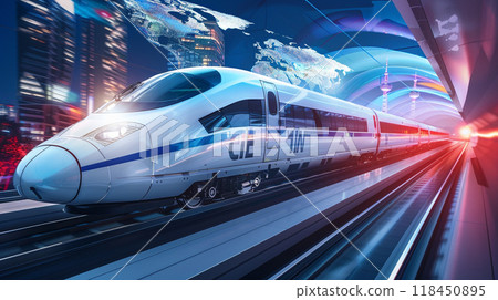 Futuristic High-Speed Train in Urban Setting 118450895