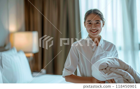 Happy Housekeeper in Hotel Room 118450901