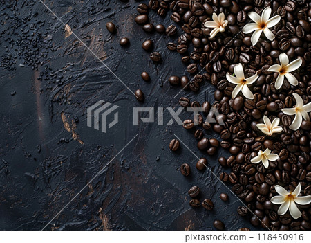 Coffee Beans and Frangipani Flowers on Dark Texture 118450916