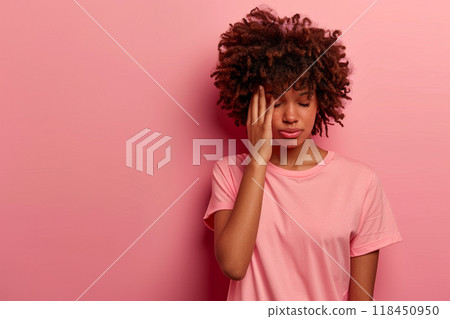 Stressed Young Woman on Pink Background Stressed Young Woman on Pink Background 118450950