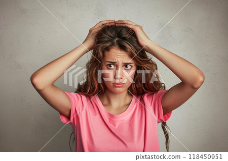 Frustrated Woman Clutching Her Hair 118450951