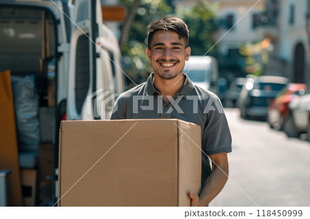 Delivery Man Smiling with Package 118450999