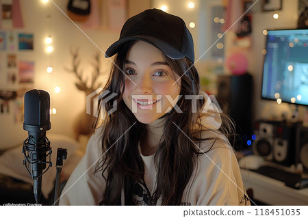 Young Female Podcaster with Home Studio Setup Young Female Podcaster with Home Studio Setup 118451035
