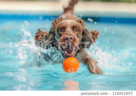 Dog Retrieving Ball in Pool 118451057