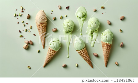 Assorted Pistachio Ice Cream Cones 118451065