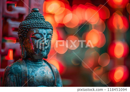 Serene Buddha Statue with Bokeh Lights 118451094