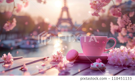 Parisian Spring Morning with Coffee and Eiffel Tower 118451133