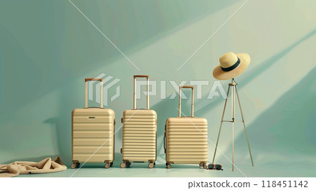 Travel Ready - Luggage and Hat Against Blue Background 118451142