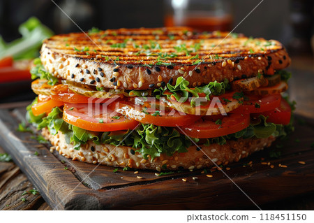 Fresh Veggie Sandwich on a Wooden Board Fresh Veggie Sandwich on a Wooden Board 118451150