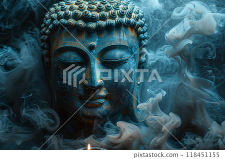 Serene Buddha Statue with Candle and Incense Smoke Serene Buddha Statue with Candle and Incense Smoke 118451155