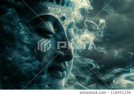 Serene Buddha Statue with Candle and Incense Smoke Serene Buddha Statue with Candle and Incense Smoke 118451156