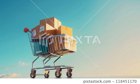 Shopping Cart Full of Cardboard Boxes 118451170