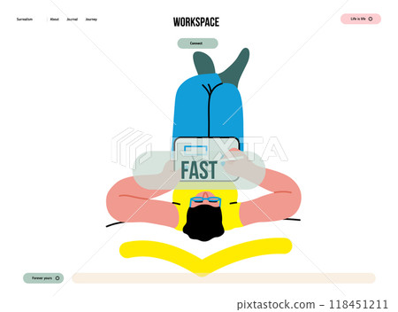 Creative workspace, modern flat vector concept illustration of a woman working sitting with a computer Remote work, flexibility, independence, efficiency, mobility, synergy, freedom Creative workspace, modern flat vector concept illustration of a woman working sitting with a computer Remote work, flexibility, independence, efficiency, mobility, synergy, freedom 118451211
