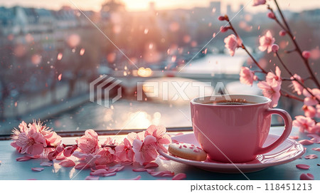 Serene Morning with Coffee and Blossoms 118451213