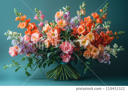 Vibrant Bouquet of Flowers on Teal Background Vibrant Bouquet of Flowers on Teal Background 118451322