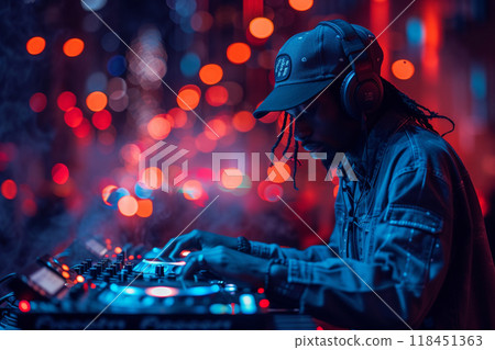 DJ Performing in Club with Vibrant Blue and Red Lights DJ Performing in Club with Vibrant Blue and Red Lights 118451363