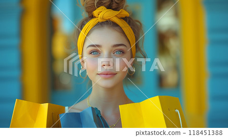 Young Woman Shopping with Colorful Background Young Woman Shopping with Colorful Background 118451388