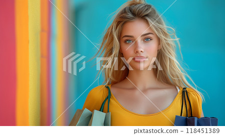 Young Woman Shopping with Colorful Background Young Woman Shopping with Colorful Background 118451389