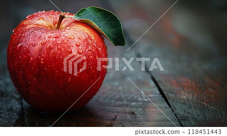 Fresh Dewy Red Apple on Wooden Surface Fresh Dewy Red Apple on Wooden Surface 118451443