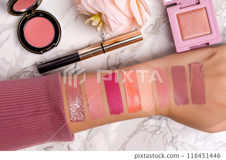 Makeup Swatches on Arm with Products Displayed 118451446