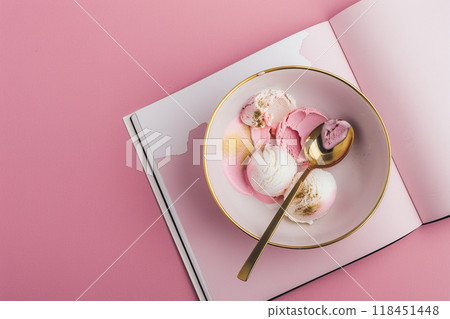 Scoops of Ice Cream on Pink Background 118451448