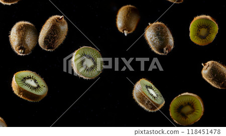 Various kiwis float elegantly, highlighting their fuzzy brown exterior and bright green flesh. The contrast against the dark background emphasizes their shapes and details 118451478