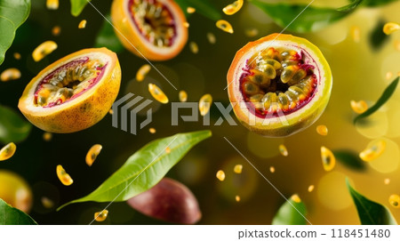 Two vibrant halves of passion fruit are showcased, with seeds cascading midair. Lush green leaves enhance the freshness, perfect for summer treats Two vibrant halves of passion fruit are showcased, with seeds cascading midair. Lush green leaves enhance the freshness, perfect for summer treats 118451480