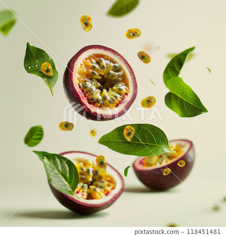 A vivid representation of passion fruit is captured, highlighting a half-slice with seeds cascading amidst green leaves, illustrating freshness and vitality in the moment A vivid representation of passion fruit is captured, highlighting a half-slice with seeds cascading amidst green leaves, illustrating freshness and vitality in the moment 118451481