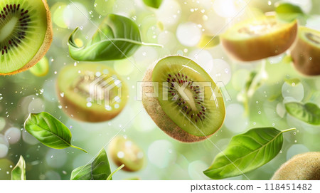 Ripe slices of kiwi hang mid-air, contrasting vividly with fresh green leaves, all set against a bright and vibrant background, creating a lively atmosphere 118451482